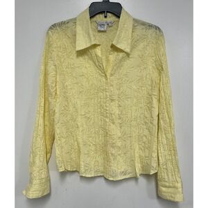 Fred David Blouse Top Women XL Yellow Floral Print Accordion Pleated Shirt